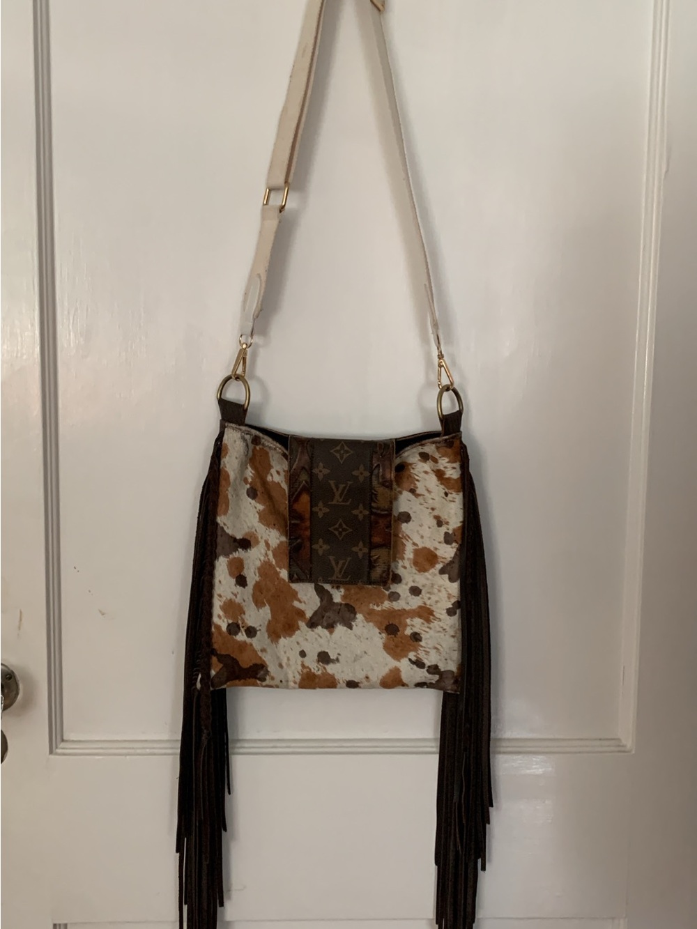 Upcycled Louis Vuitton Material, Brown & White Cowhide Fringe Shoulder Bag - Picture 2 of 8